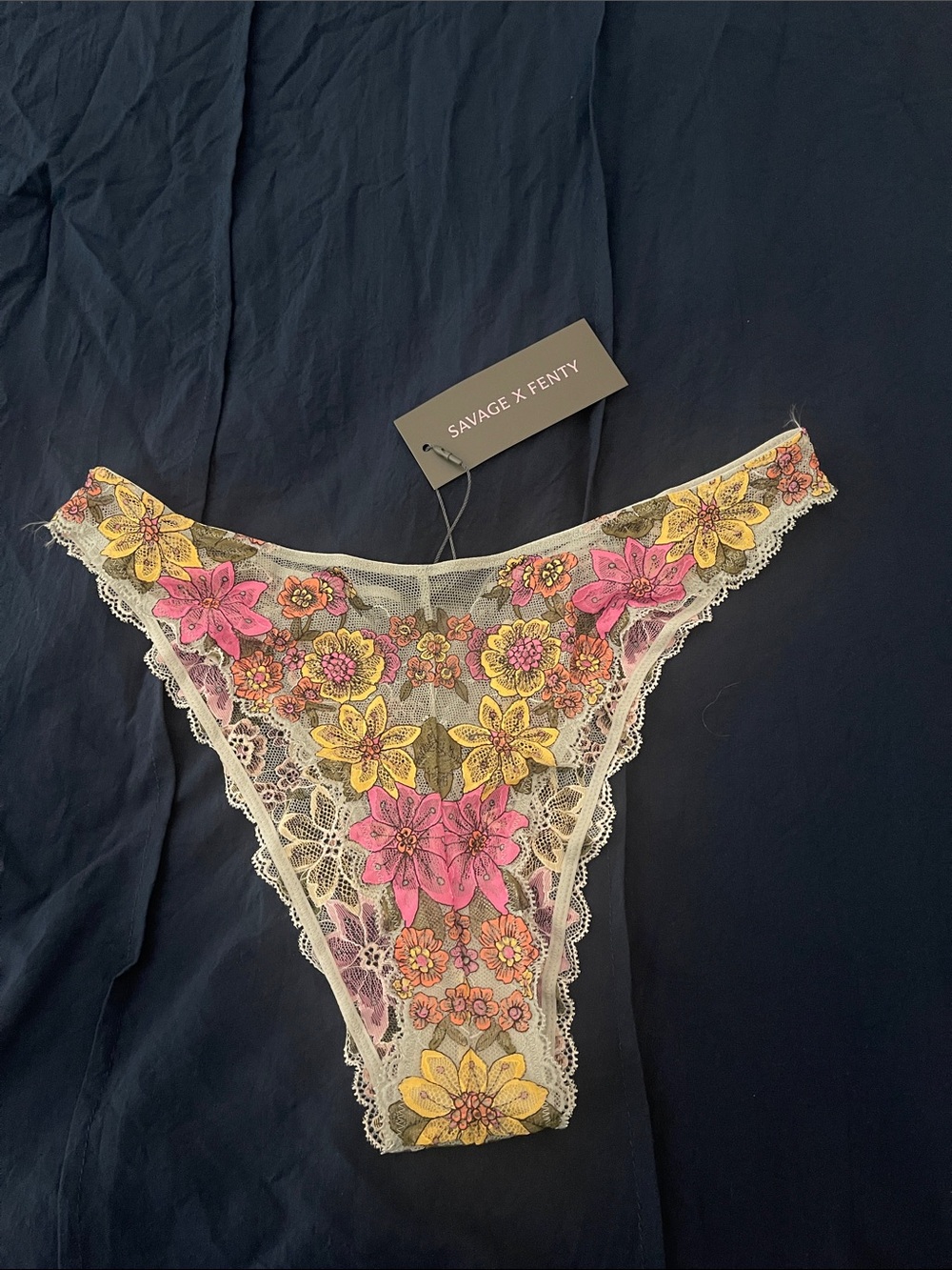 Savage X Fenty Embroidered Floral Sheer Thong - Pink & Yellow